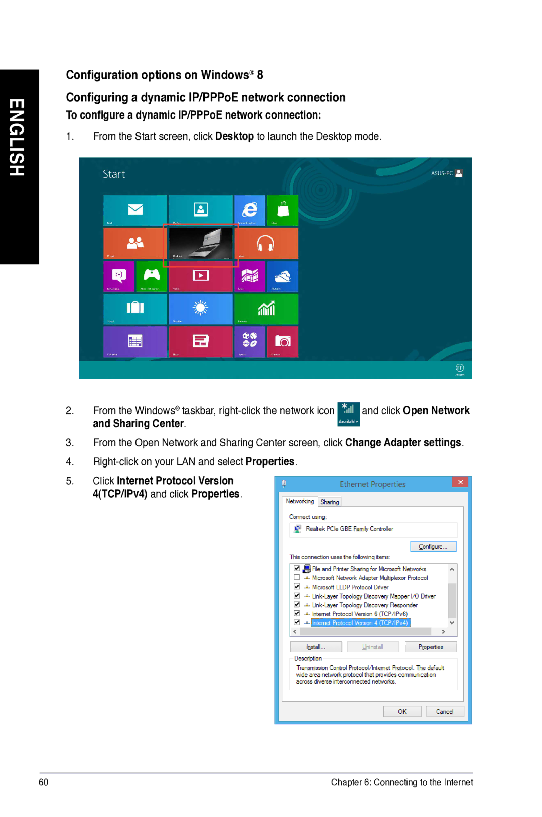 Asus M11AD user manual To configure a dynamic IP/PPPoE network connection, Sharing Center 