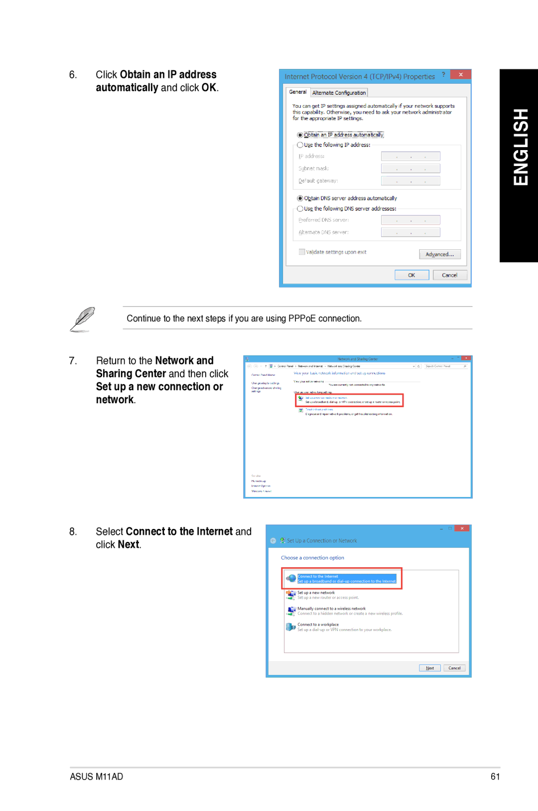 Asus M11AD user manual Click Obtain an IP address automatically and click OK 