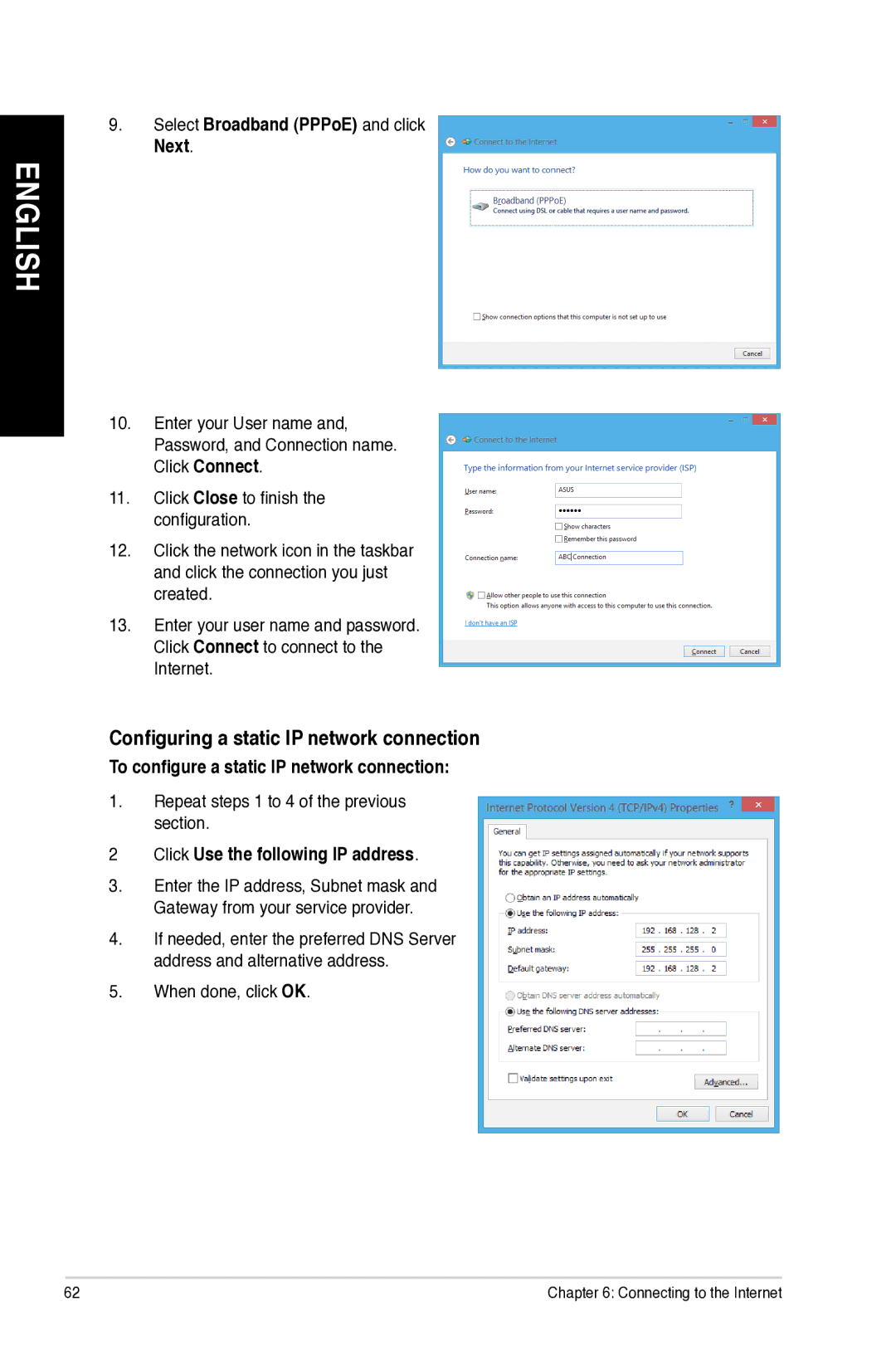 Asus M11AD user manual Configuring a static IP network connection 