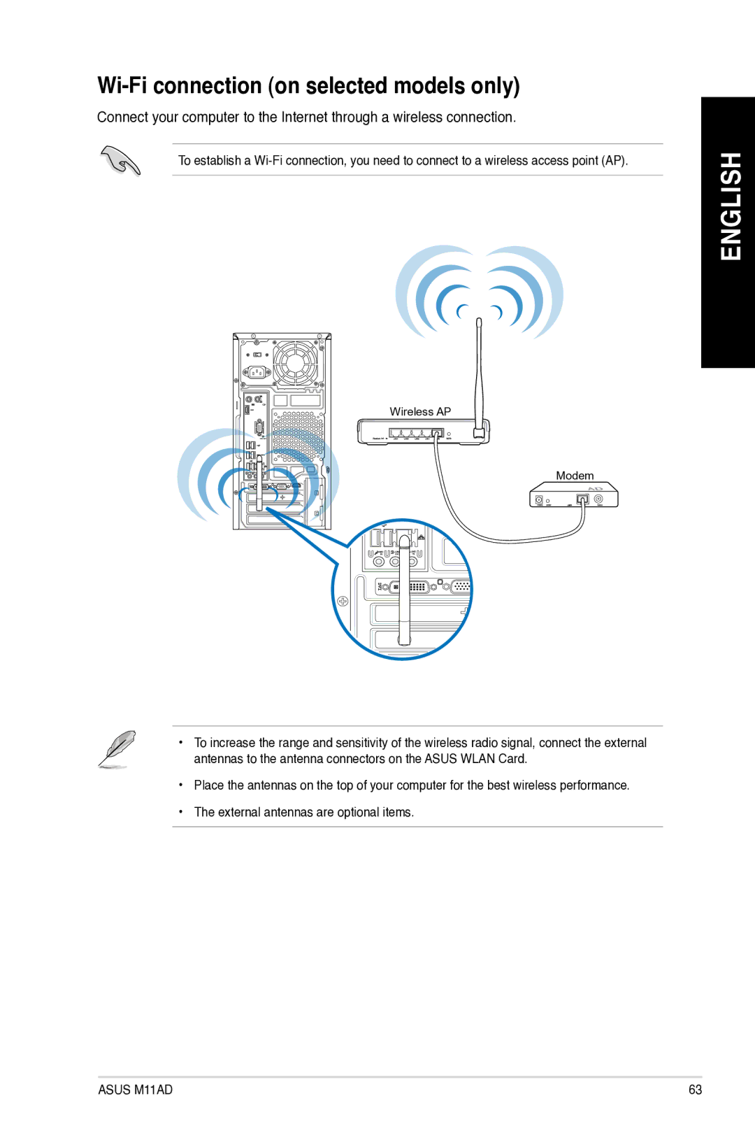 Asus M11AD user manual Wi-Fi connection on selected models only 