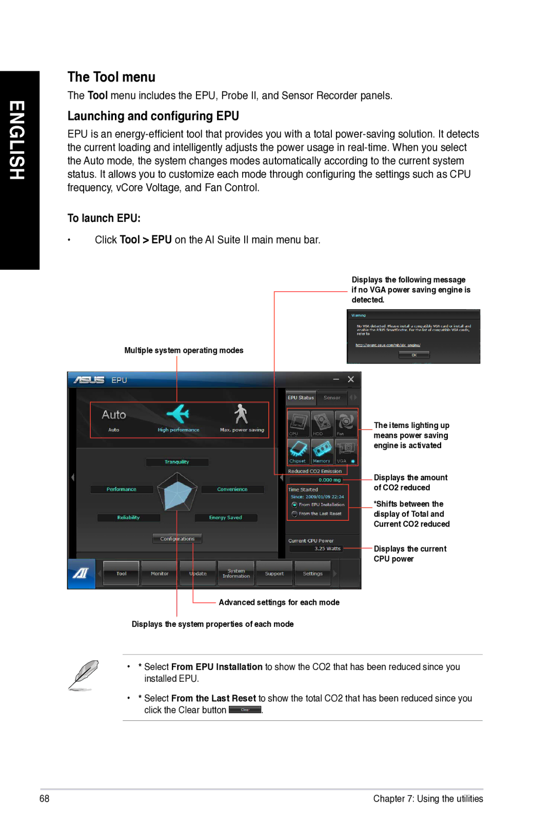 Asus M11AD Tool menu, Launching and configuring EPU, To launch EPU, Click Tool EPU on the AI Suite II main menu bar 