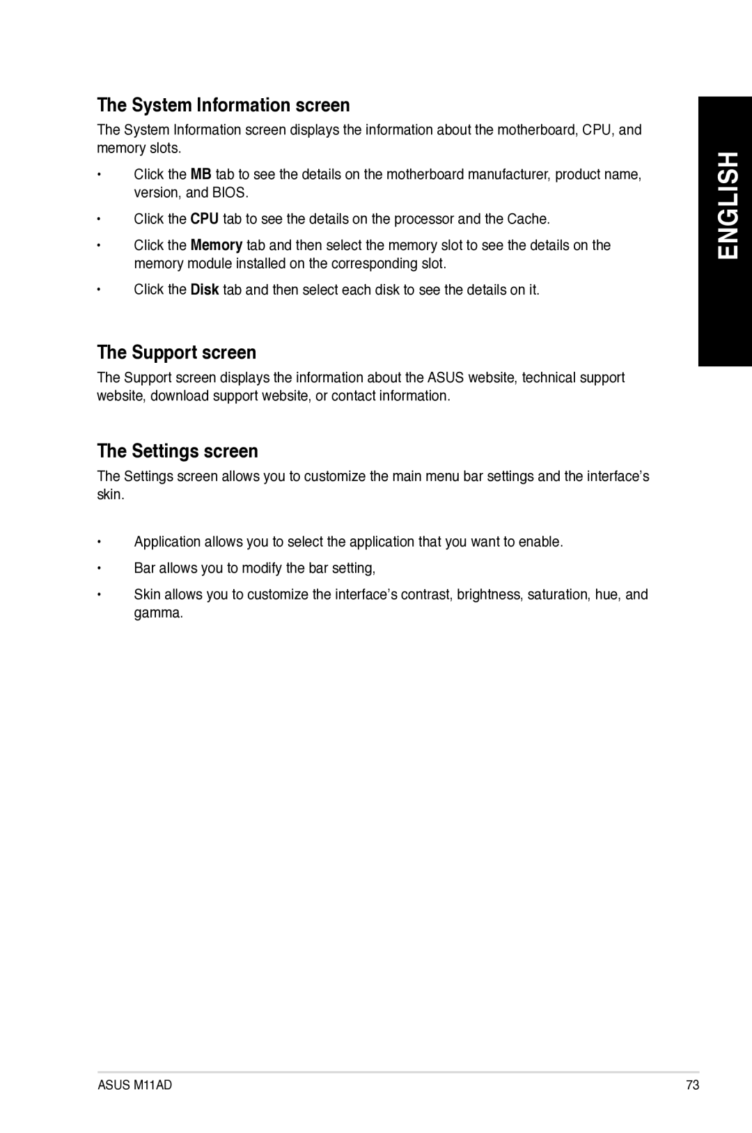 Asus M11AD user manual System Information screen, Support screen, Settings screen 