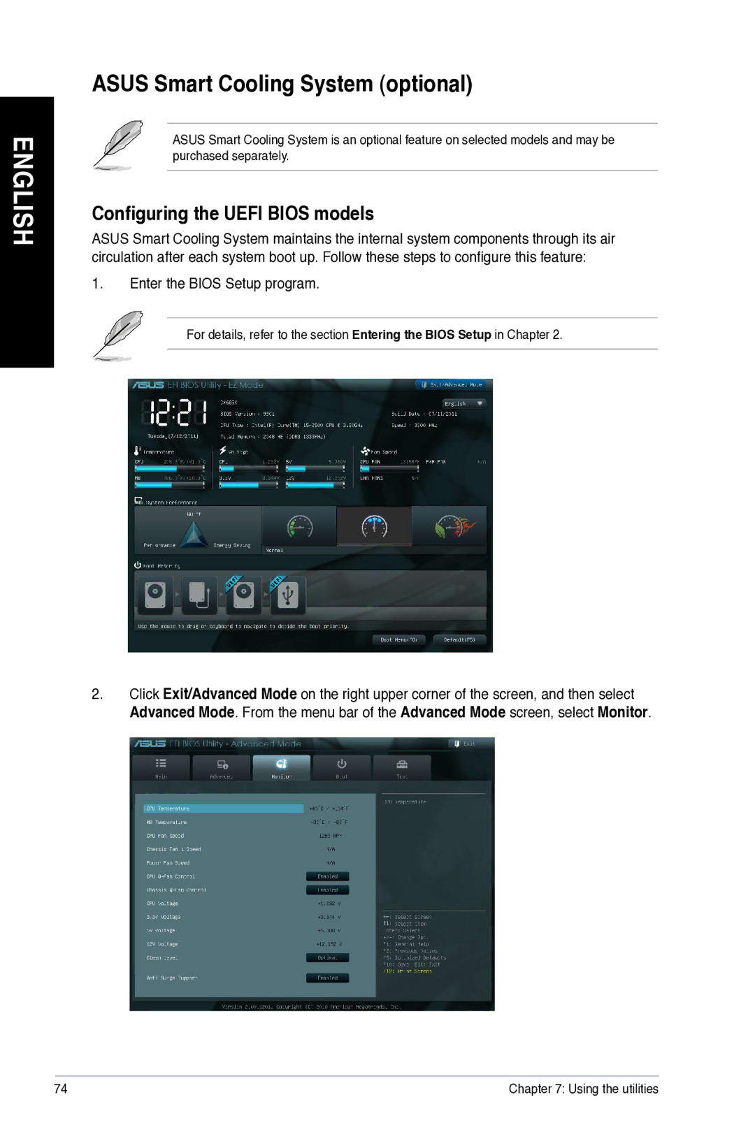 Asus M11AD user manual Asus Smart Cooling System optional, Configuring the Uefi Bios models, Enter the Bios Setup program 