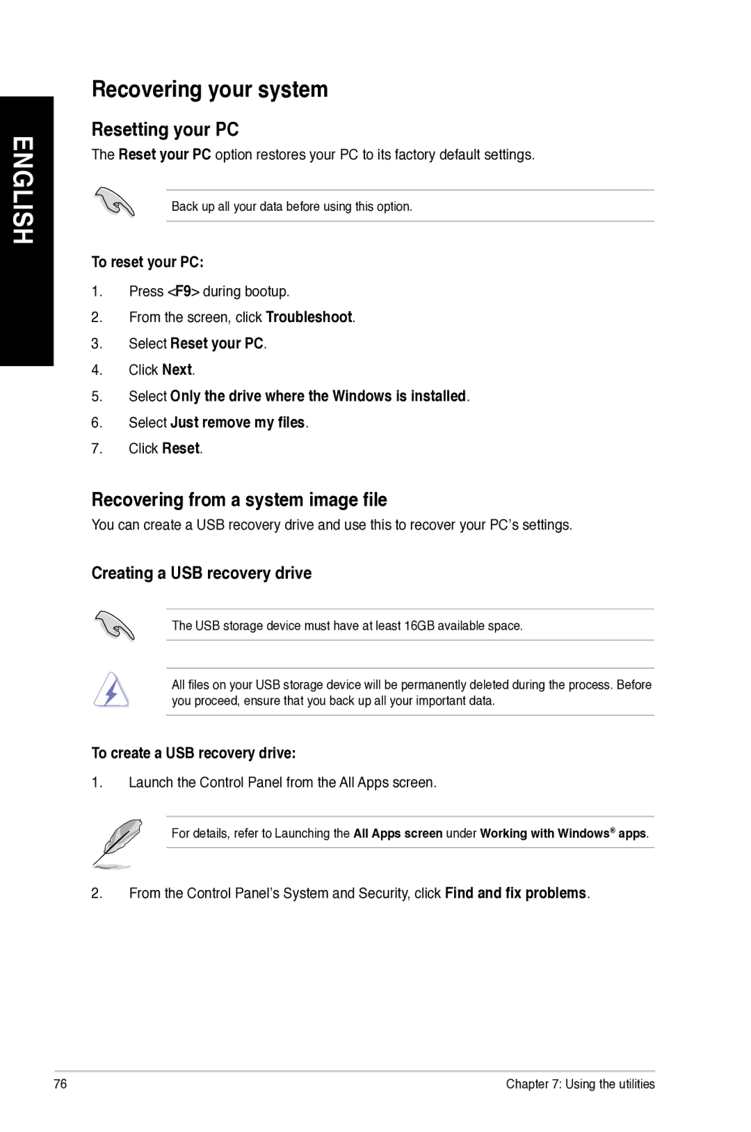 Asus M11AD Recovering your system, Resetting your PC, Recovering from a system image file, Creating a USB recovery drive 