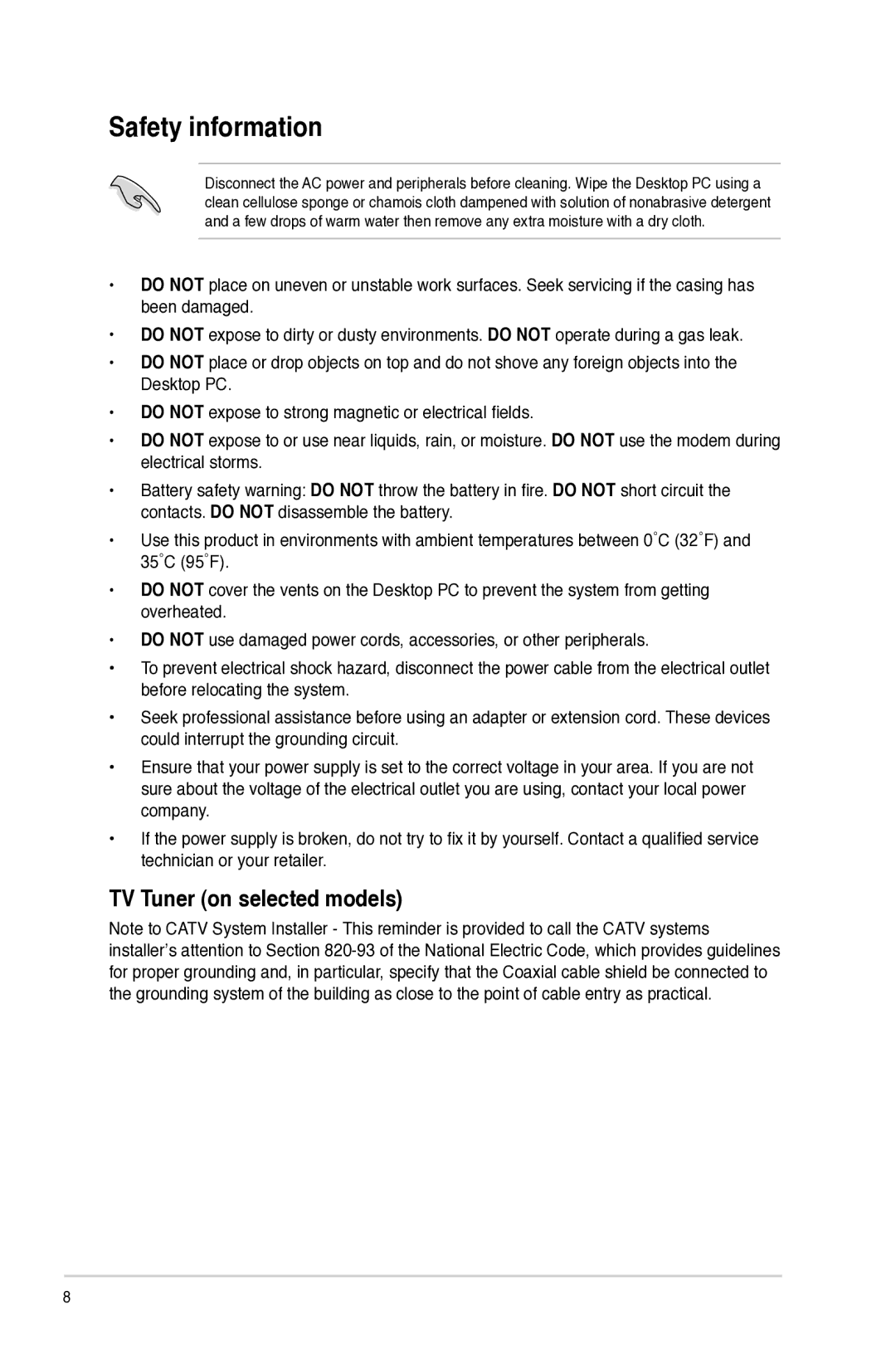 Asus M11AD user manual Safety information, TV Tuner on selected models 