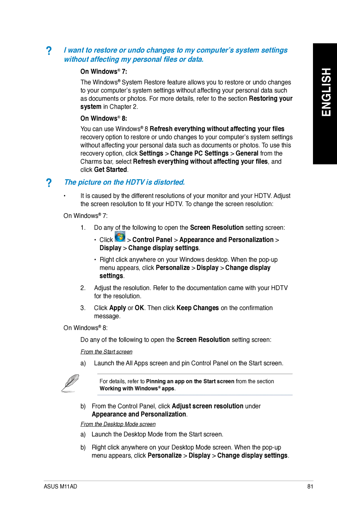 Asus M11AD user manual ? The picture on the Hdtv is distorted 