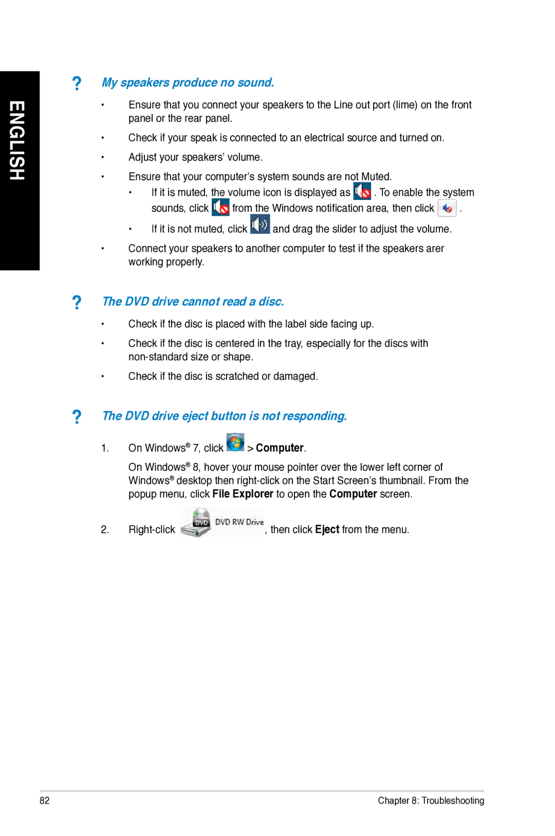 Asus M11AD user manual Sounds, click, On Windows 7, click Computer, Right-click , then click Eject from the menu 