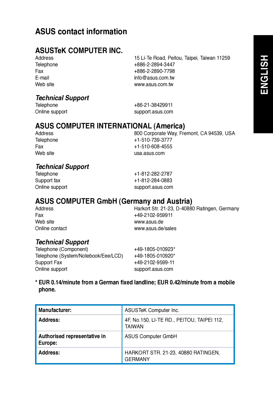 Asus M11AD user manual Asus contact information, Authorised representative, Europe Address 