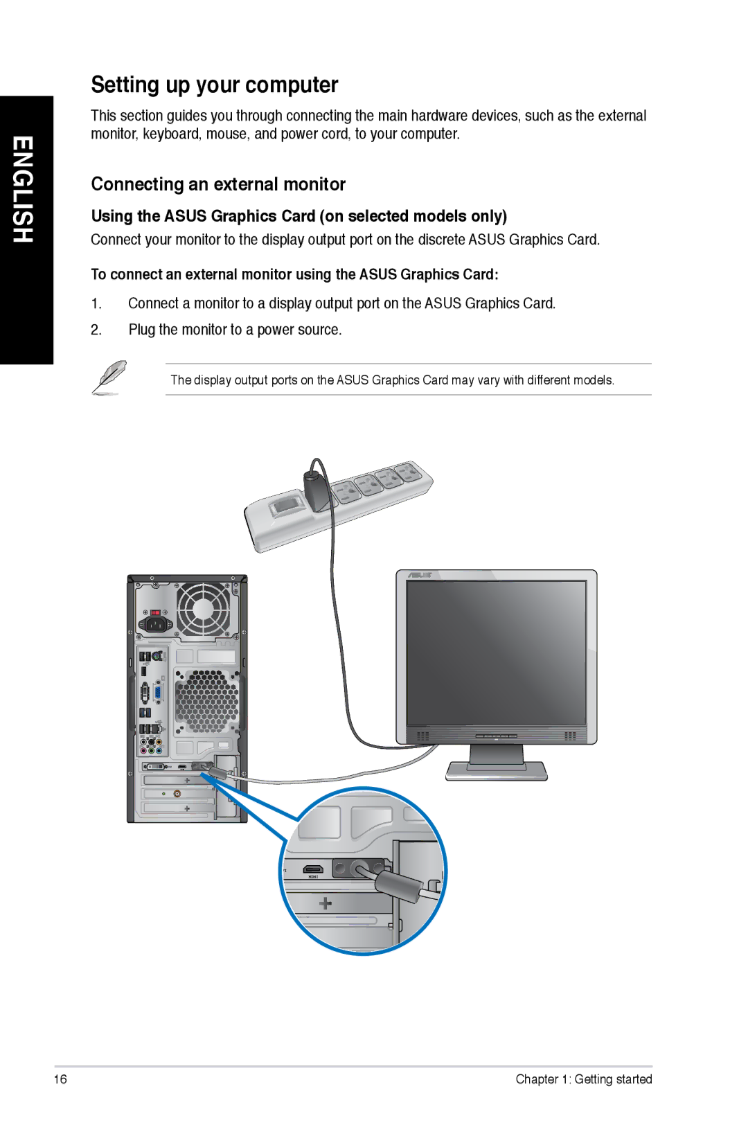 Asus M11BBUS003S, M11BBUS005O, M11BBUS011S, M11BBUS008S, M11BBUS009S Setting up your computer, Connecting an external monitor 