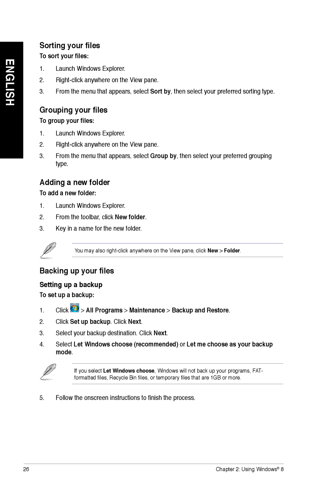 Asus M11BBUS003S Sorting your files, Grouping your files, Adding a new folder, Backing up your files, Setting up a backup 