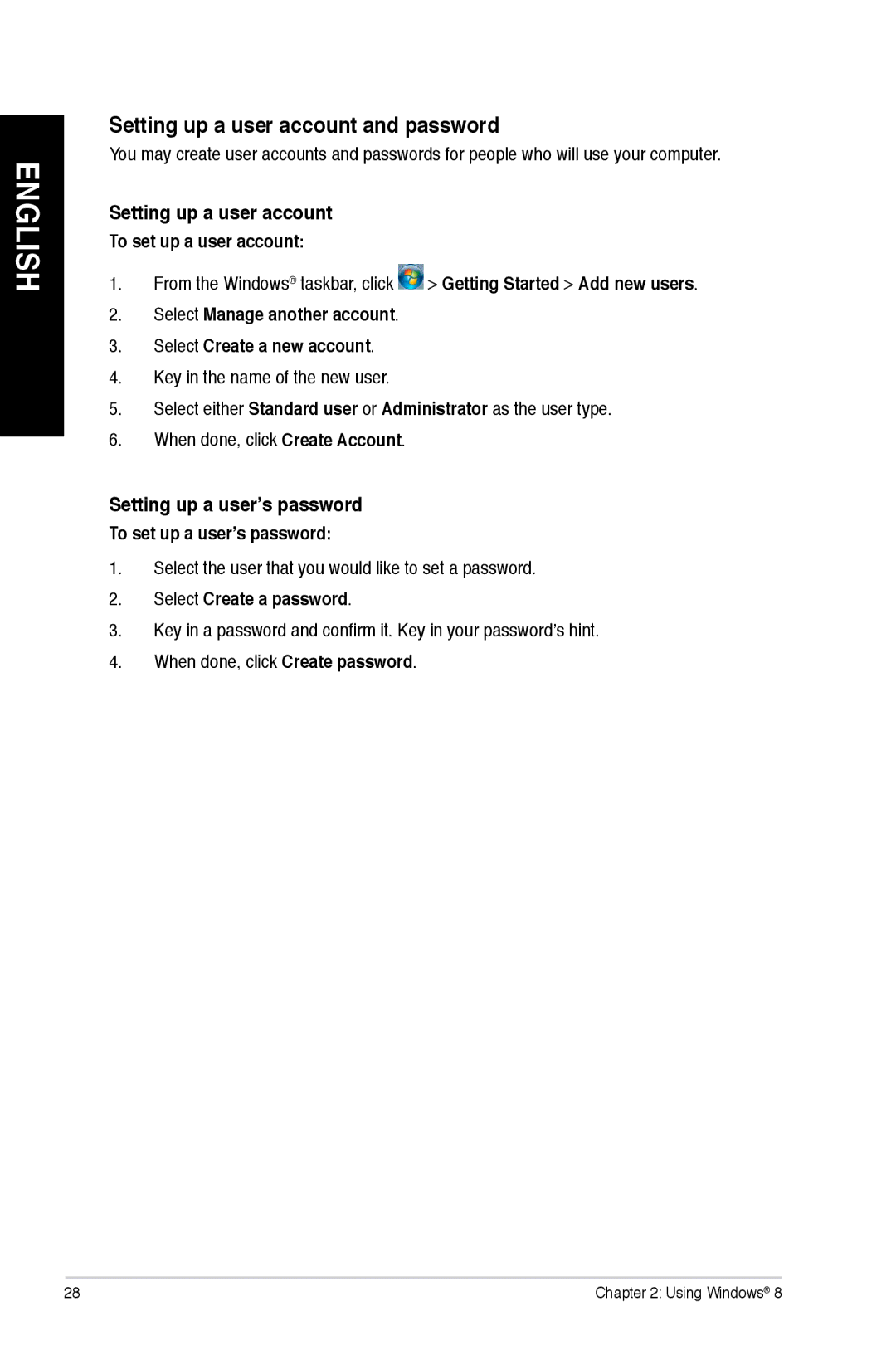 Asus M11BB-US003S, M11BBUS005O, M11BBUS011S user manual Setting up a user account and password, Setting up a user’s password 