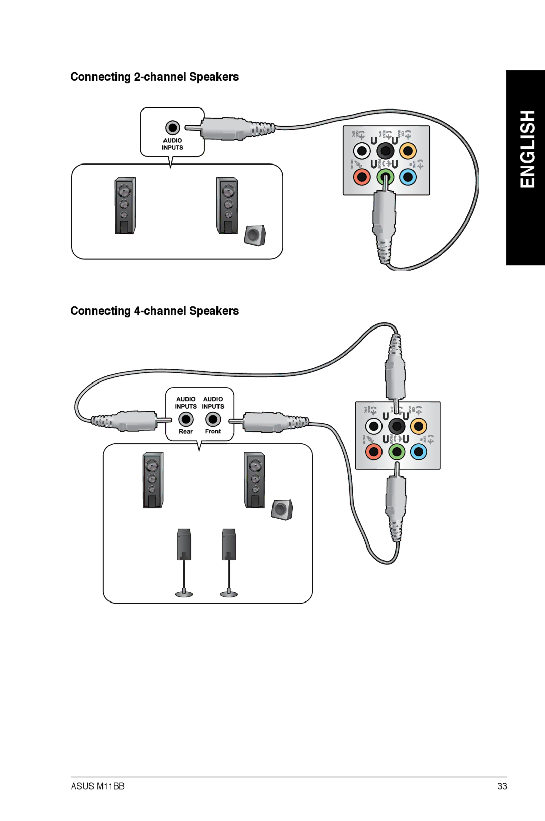 Asus M11BBUS009S, M11BBUS005O, M11BBUS011S, M11BBUS008S Connecting 2-channel Speakers, Connecting 4-channel Speakers 