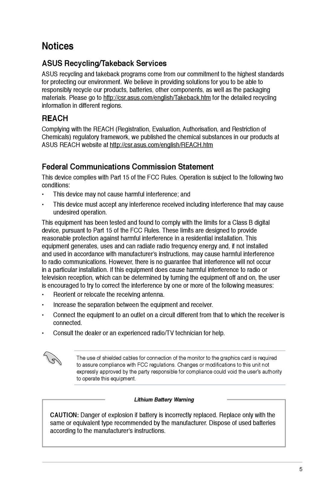 Asus M11BBUS002S, M11BBUS005O, M11BBUS011S Asus Recycling/Takeback Services, Federal Communications Commission Statement 