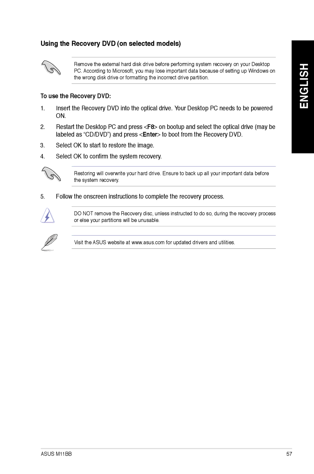 Asus M11BB-US002S, M11BBUS005O, M11BBUS011S, M11BBUS008S Using the Recovery DVD on selected models, To use the Recovery DVD 