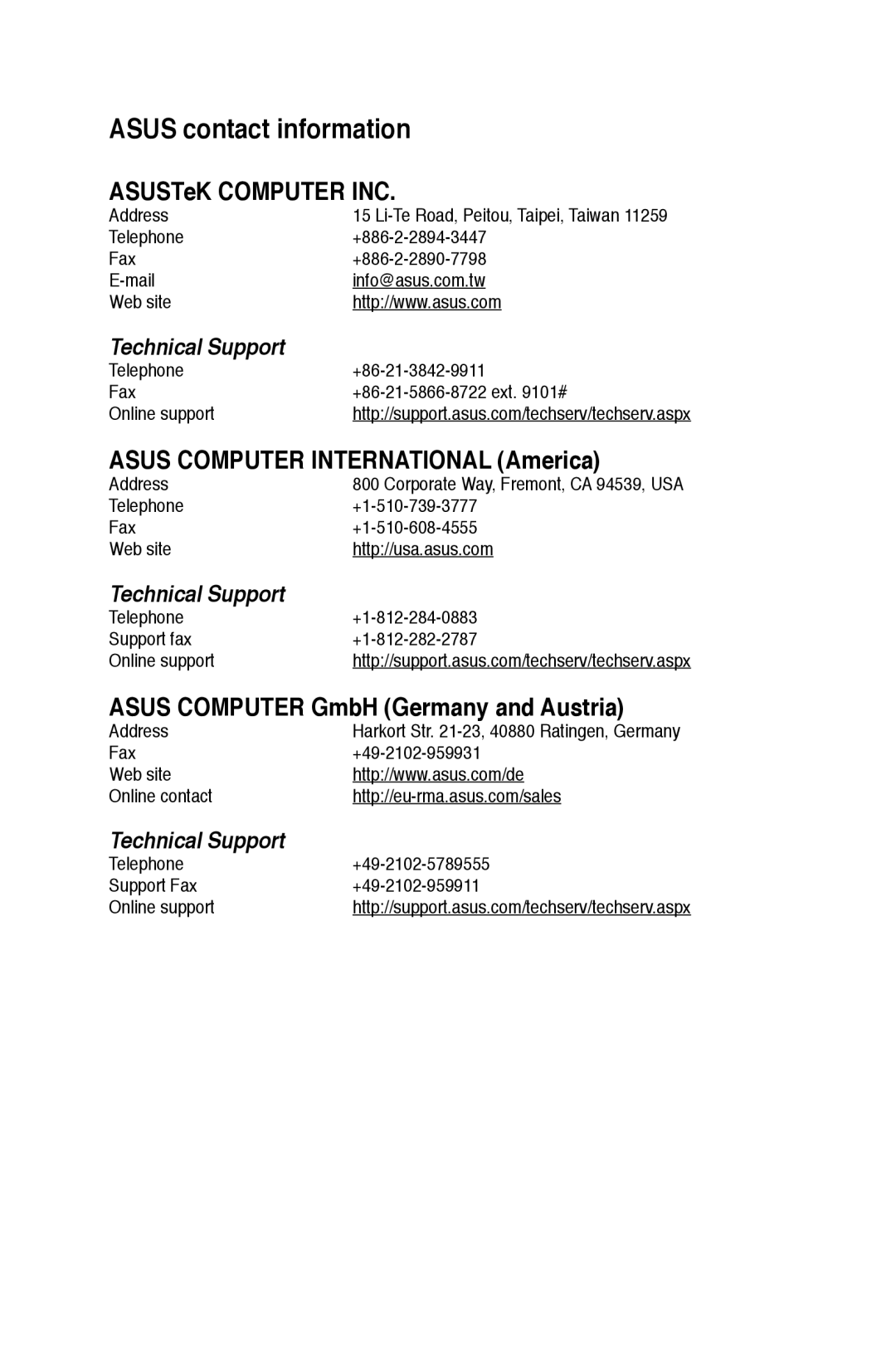 Asus M11BBUS003S, M11BBUS005O, M11BBUS011S, M11BBUS008S, M11BBUS009S user manual Asus contact information, ASUSTeK Computer INC 