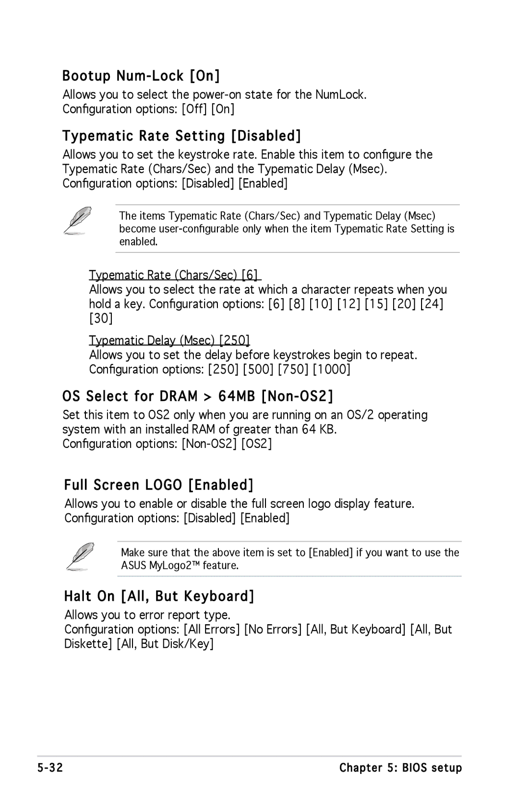 Asus M2A690G installation manual Bootup Num-Lock On, Typematic Rate Setting Disabled, OS Select for Dram 64MB Non -OS2 