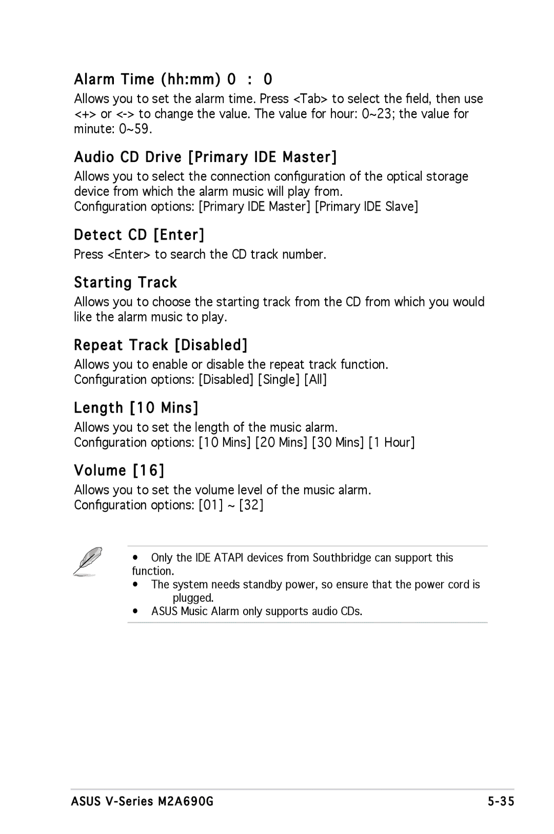 Asus M2A690G Alarm Time hhmm 0, Audio CD Drive Primary IDE Master, Detect CD Enter, Starting Track, Repeat Track Disabled 