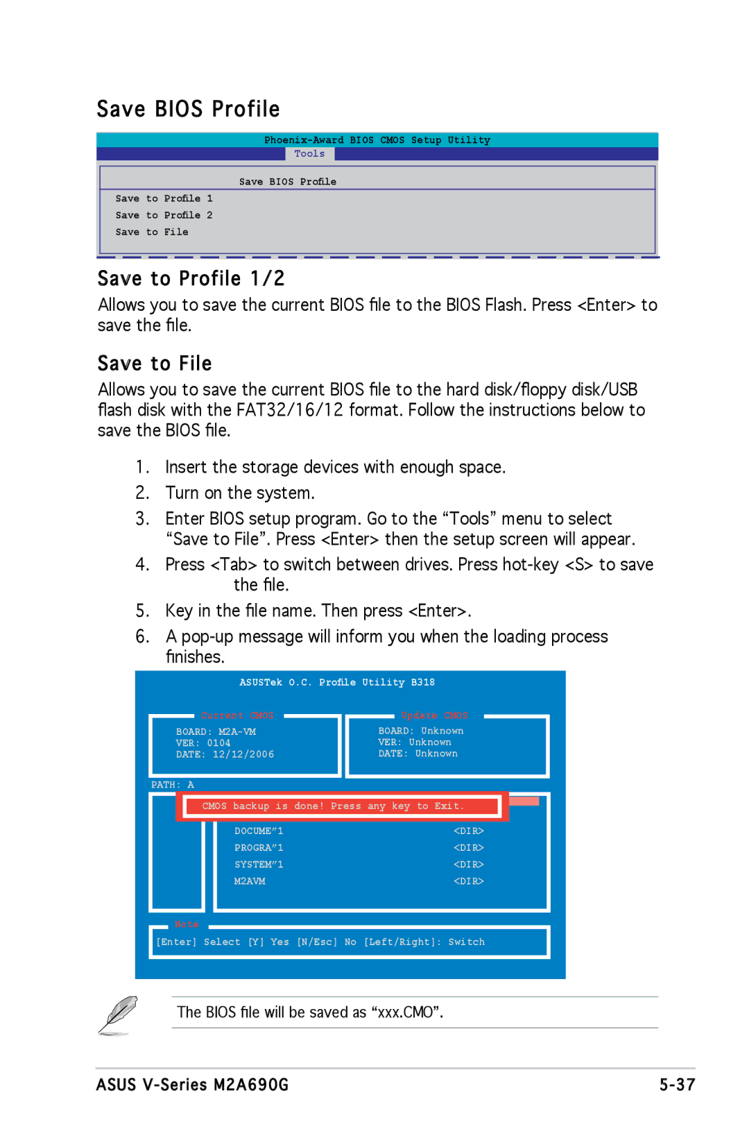 Asus M2A690G installation manual Save Bios Profile, Save to Profile 1/2, Save to File 