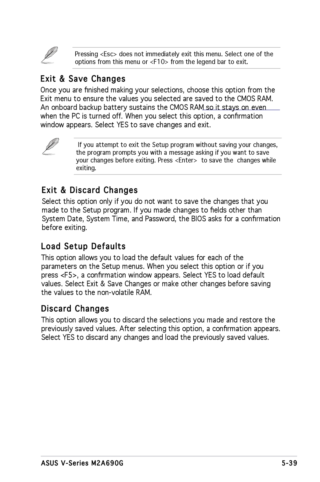 Asus M2A690G installation manual Exit & Save Changes, Exit & Discard Changes, Load Setup Defaults 