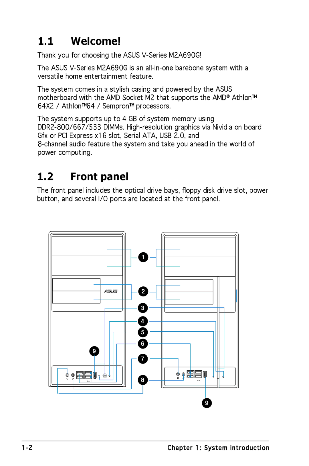 Asus M2A690G installation manual Welcome, Front panel 