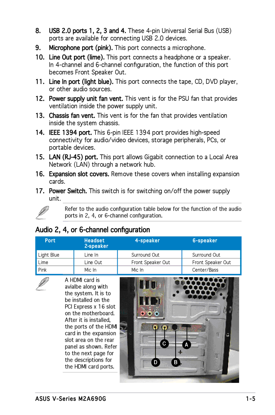 Asus M2A690G installation manual Audio 2, 4, or 6-channel configuration 