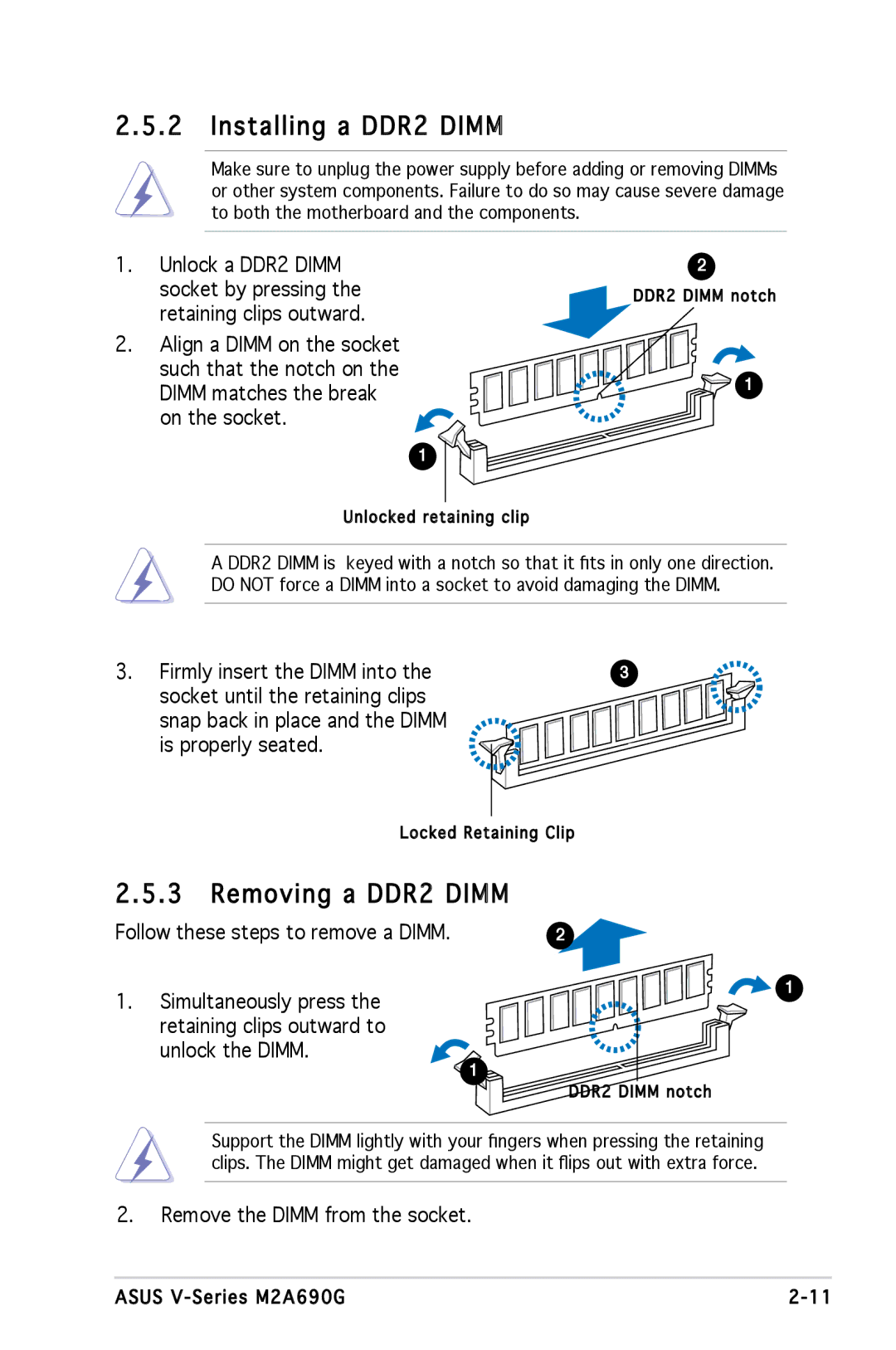 Asus M2A690G installation manual Installing a DDR2 Dimm, Removing a DDR2 Dimm 