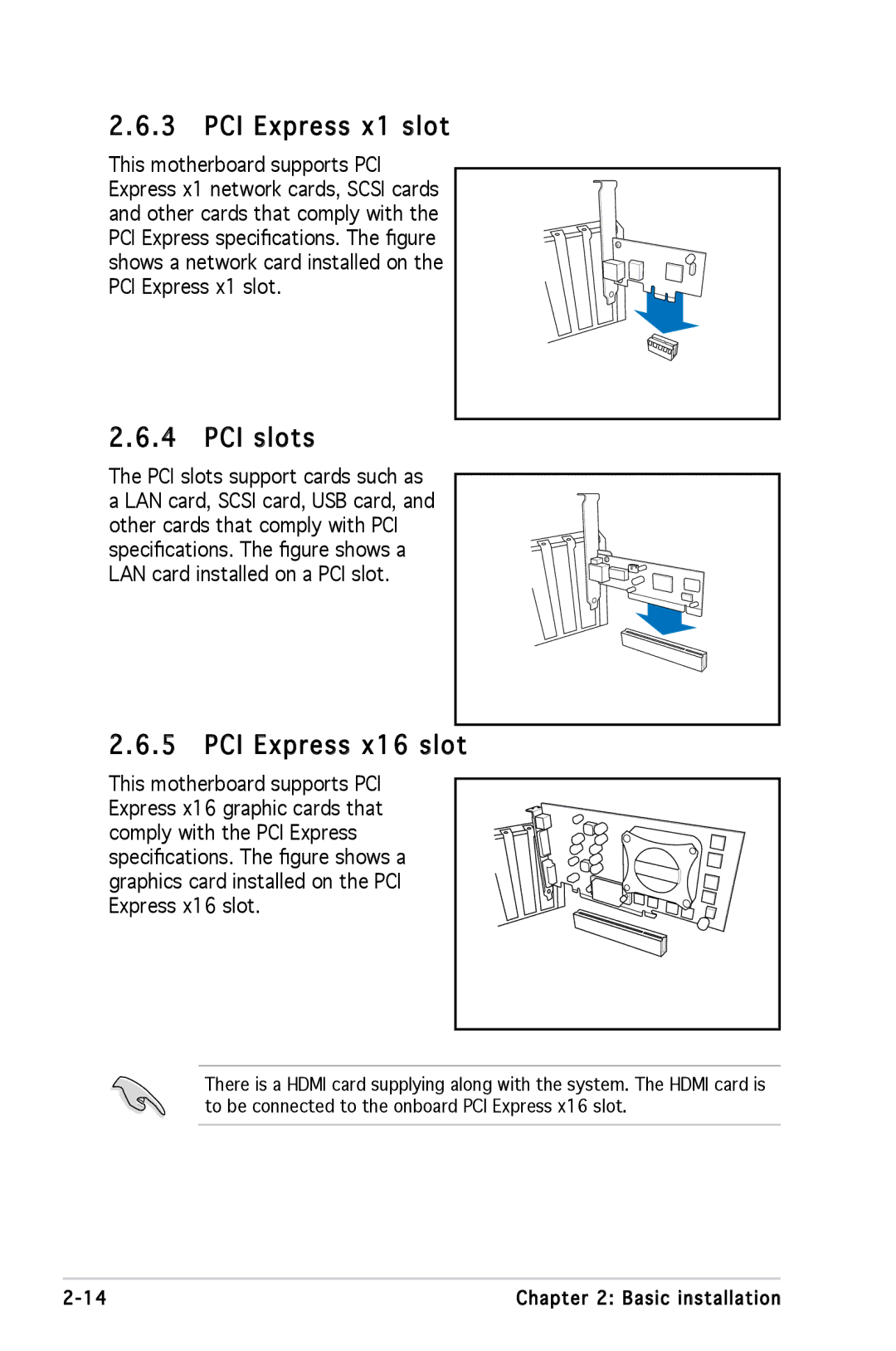 Asus M2A690G installation manual PCI Express x1 slot, PCI slots, PCI Express x16 slot 