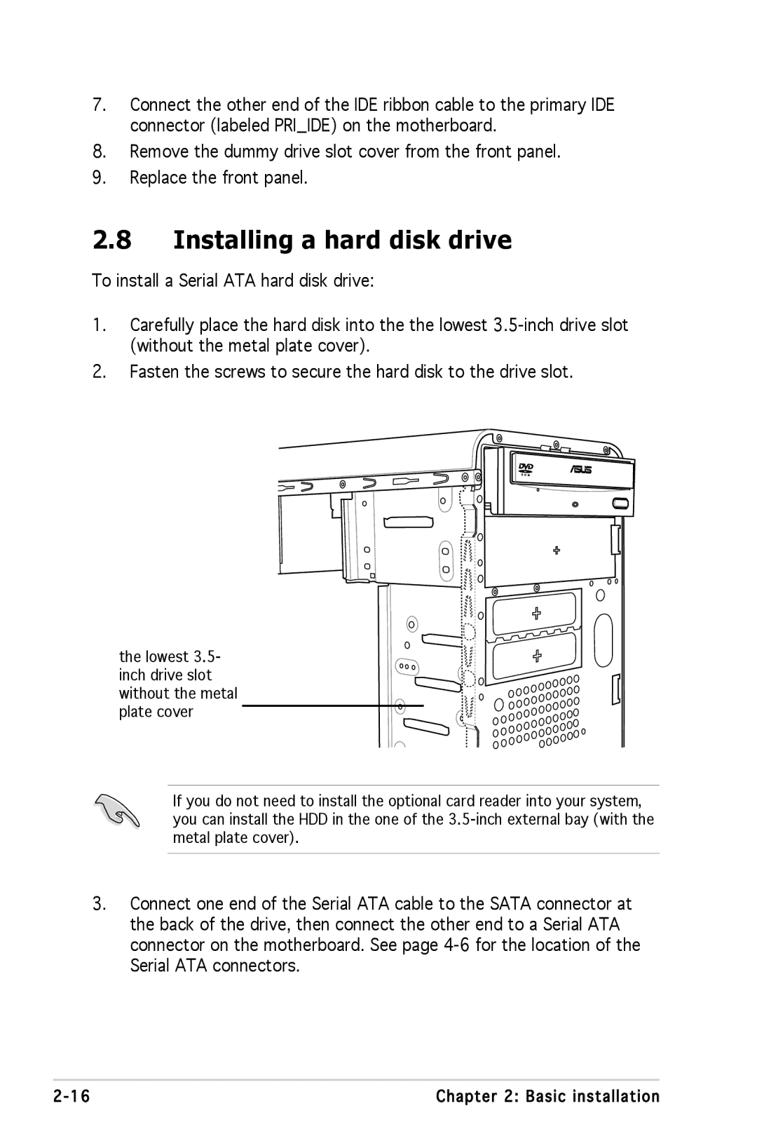 Asus M2A690G installation manual Installing a hard disk drive 