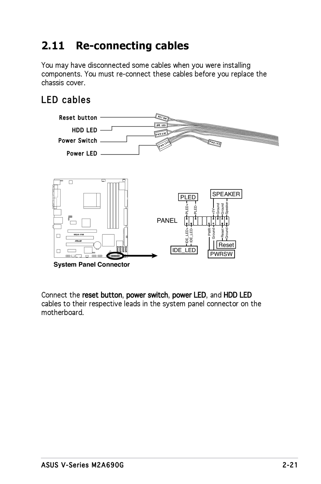 Asus M2A690G installation manual Re-connecting cables, LED cables 