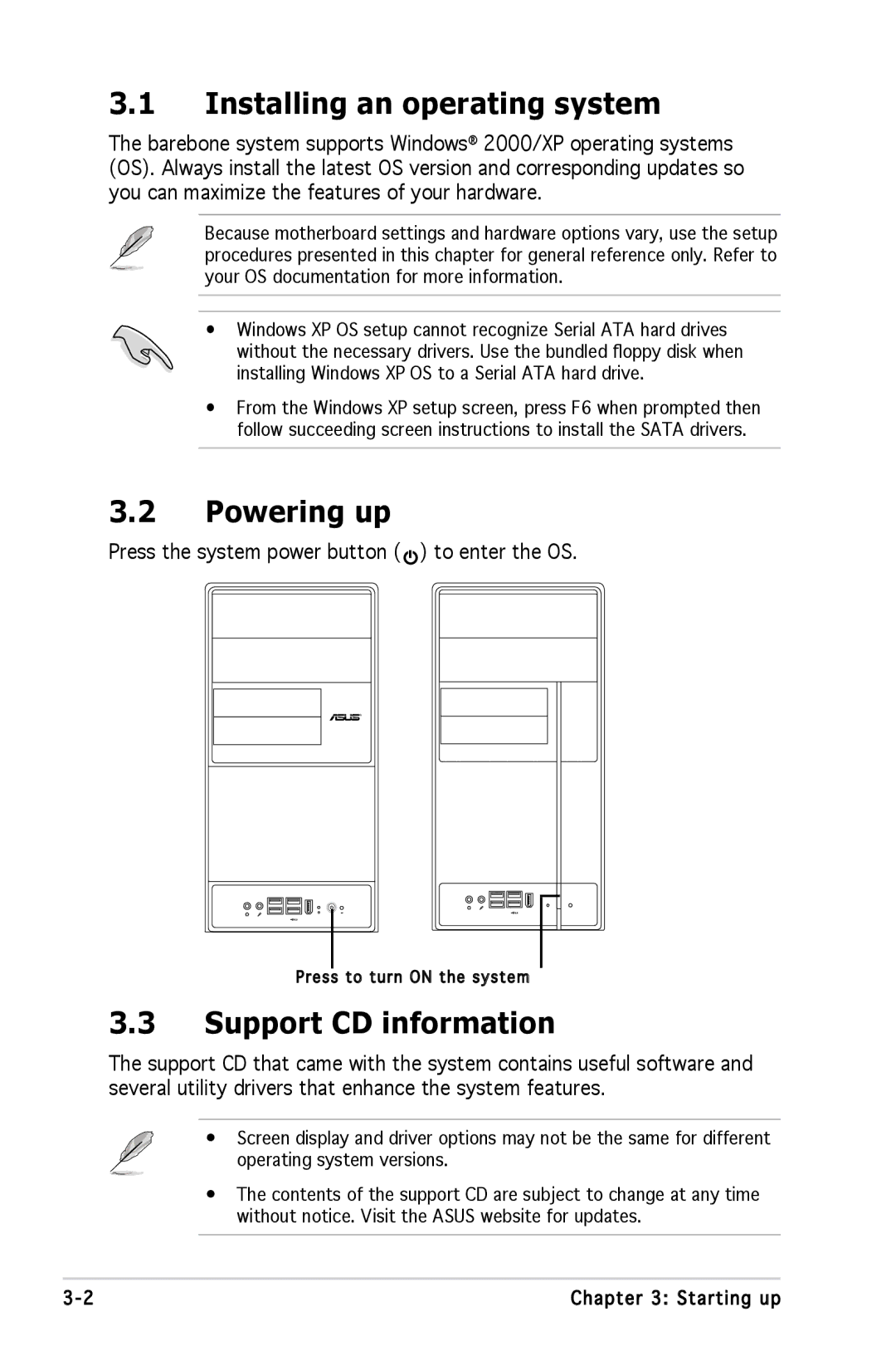 Asus M2A690G installation manual Installing an operating system, Powering up, Support CD information 