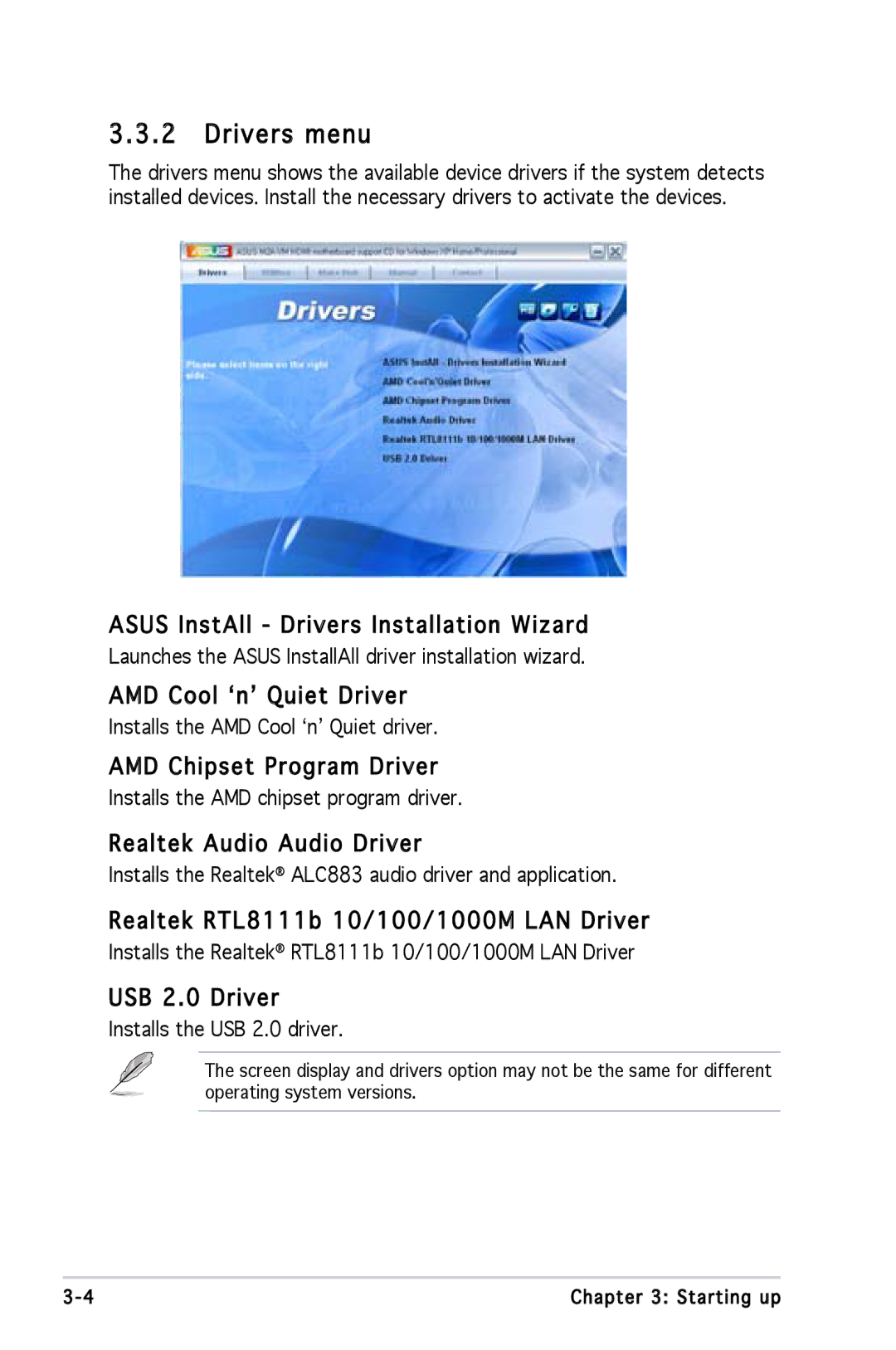 Asus M2A690G installation manual Drivers menu 