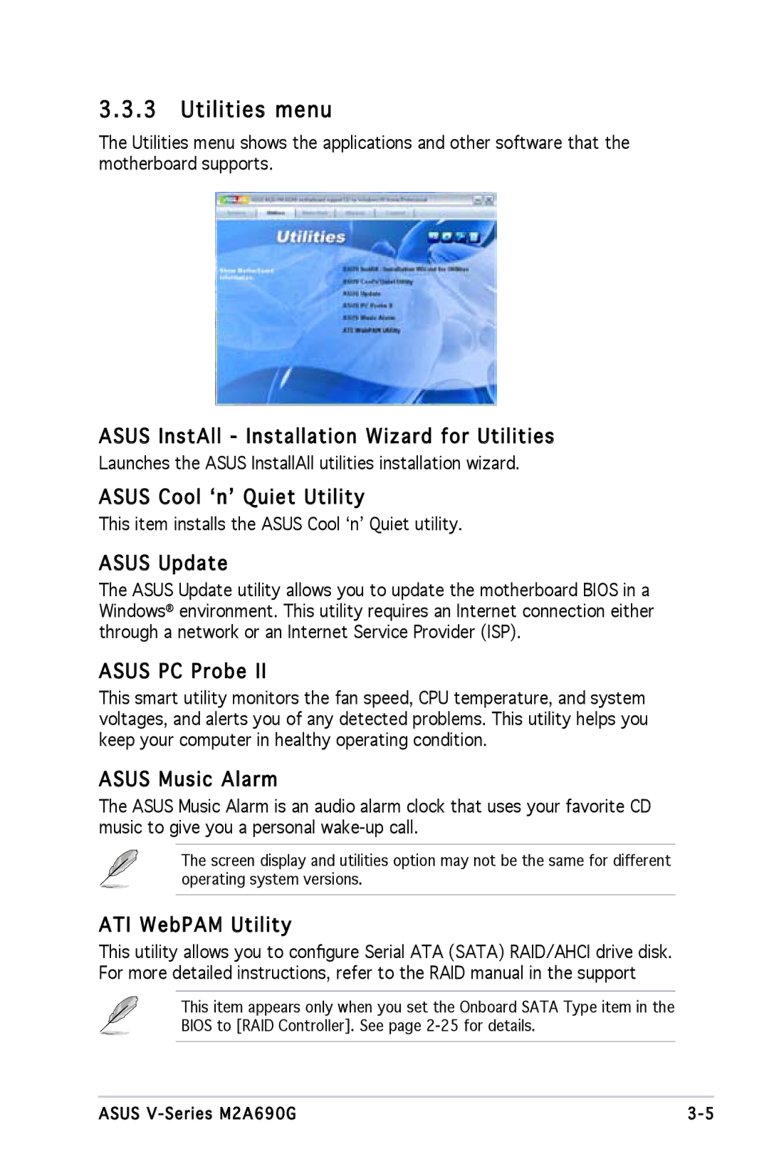 Asus M2A690G installation manual Utilities menu 