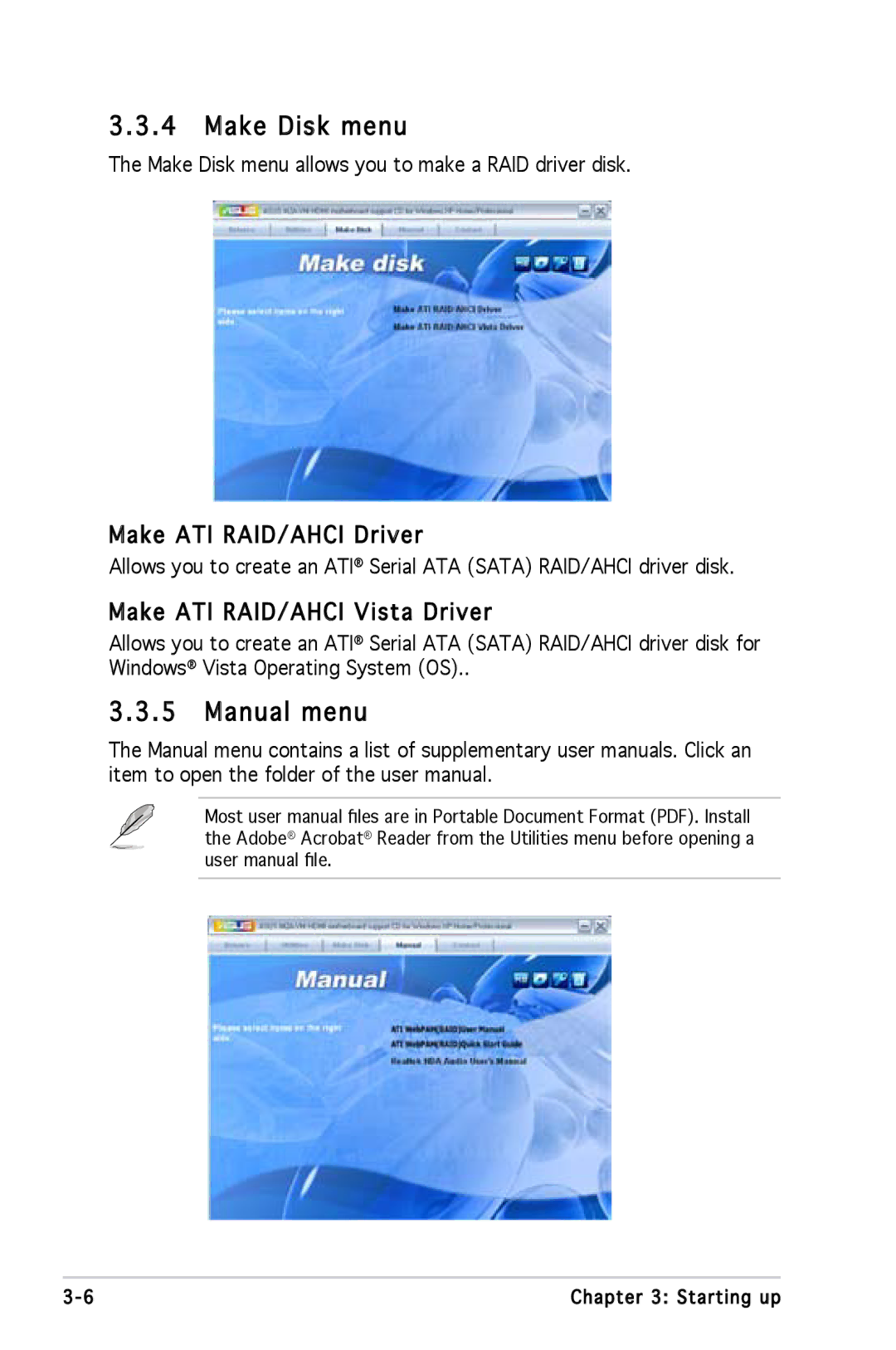 Asus M2A690G installation manual Make Disk menu, Manual menu, Make ATI RAID/AHCI Driver, Make ATI RAID/AHCI Vista Driver 