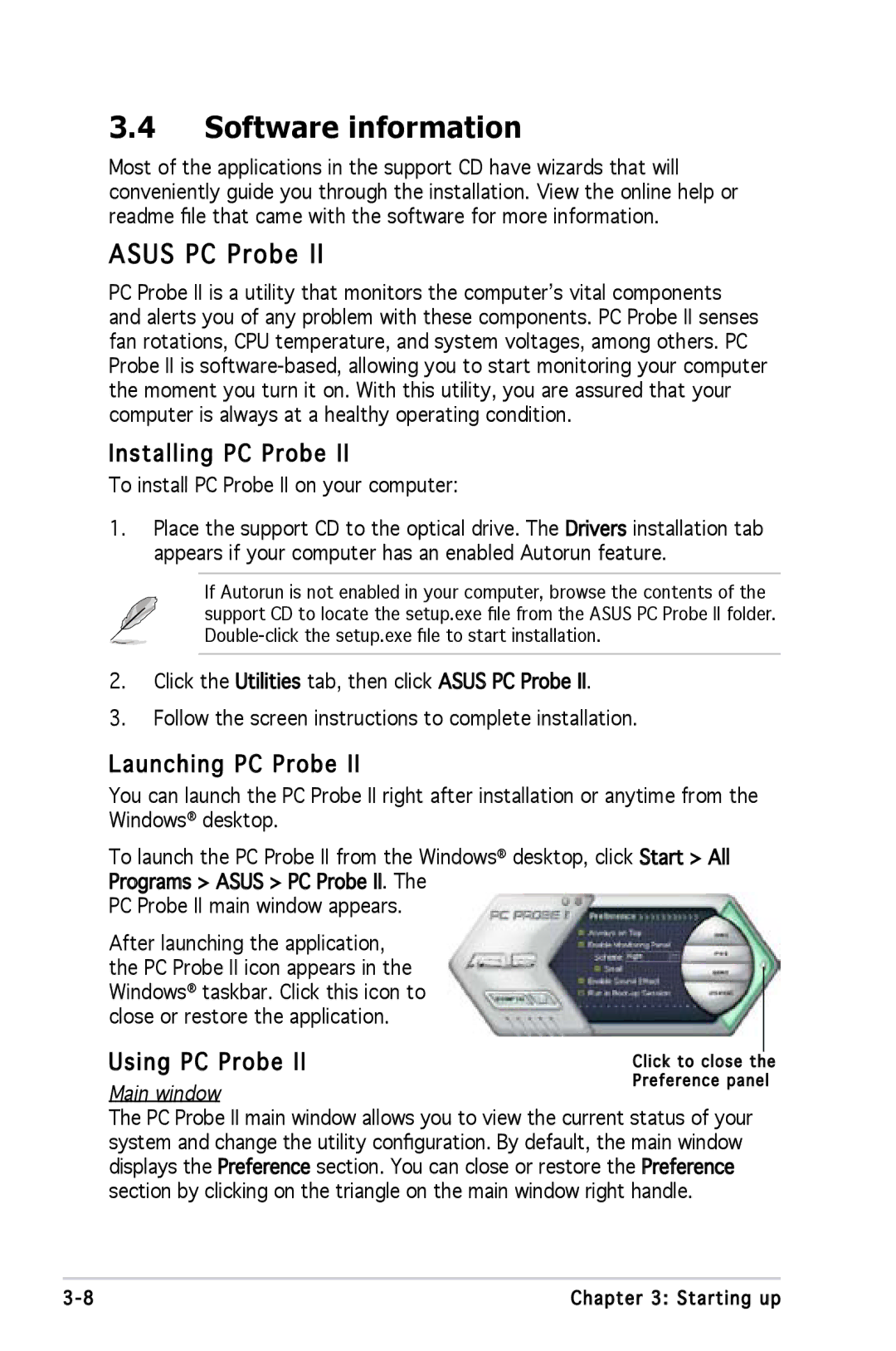 Asus M2A690G Software information, Asus PC Probe, Installing PC Probe, Launching PC Probe, Using PC Probe 