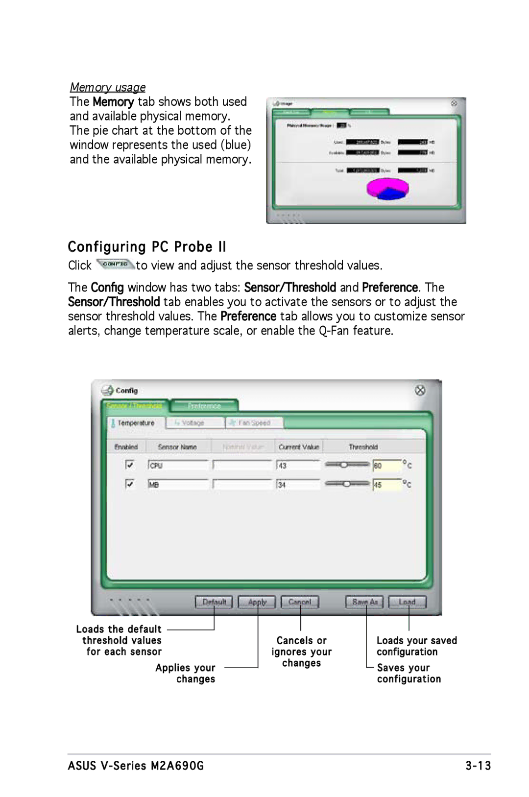 Asus M2A690G installation manual Configuring PC Probe, Memory usage 