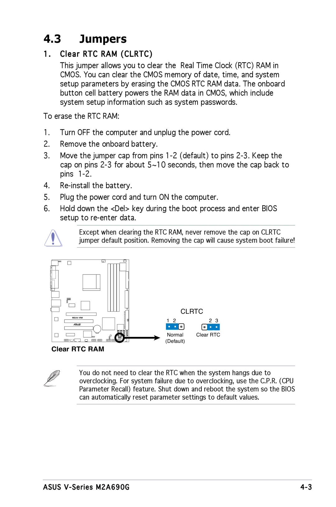 Asus M2A690G installation manual Jumpers, Clear RTC RAM Clrtc 