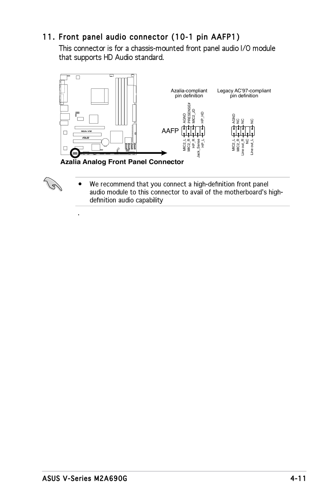 Asus M2A690G installation manual Azalia Analog Front Panel Connector 