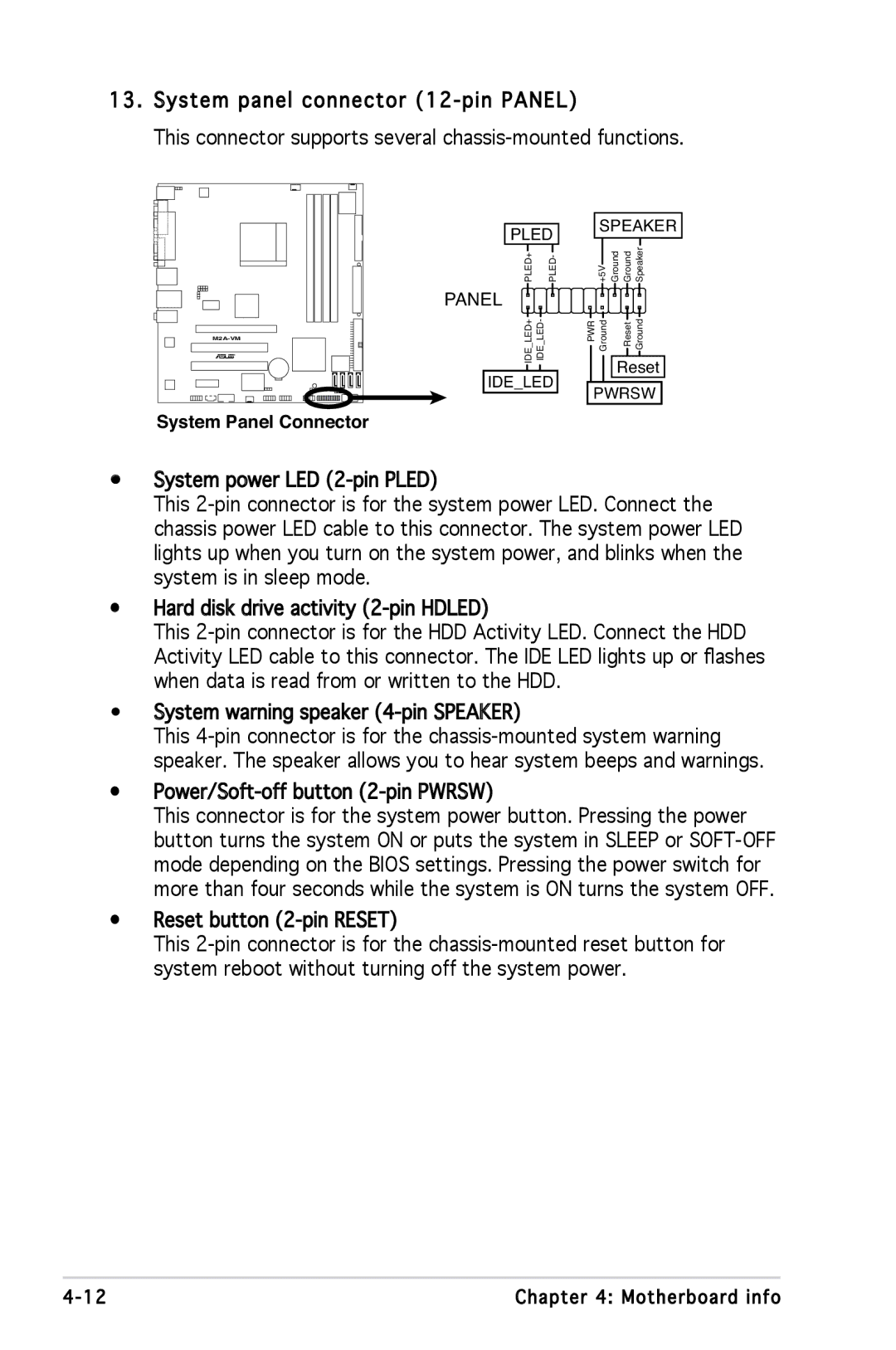 Asus M2A690G installation manual Power/Soft-off button 2-pin Pwrsw 