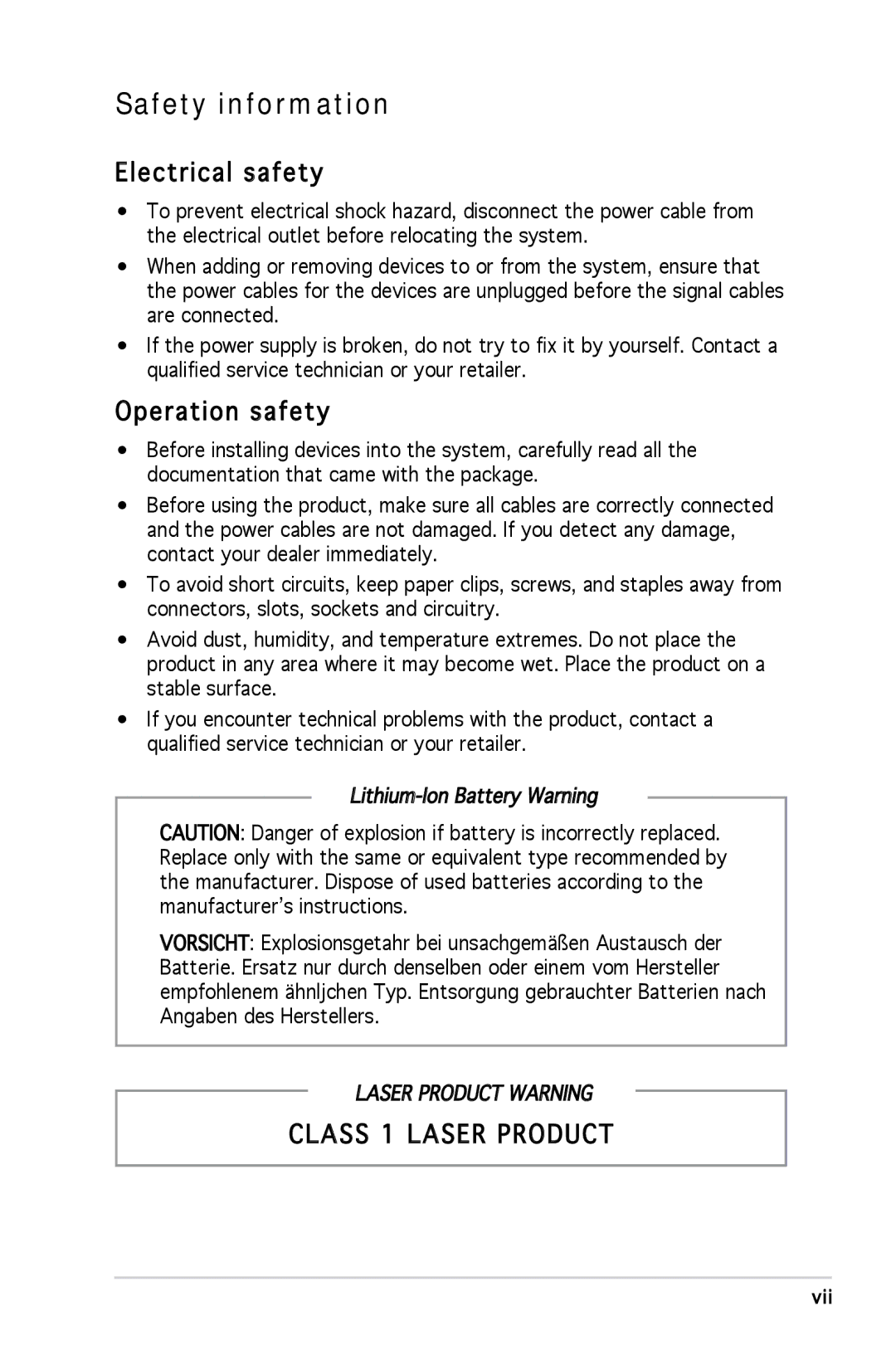 Asus M2A690G installation manual Safety information, Electrical safety, Operation safety 