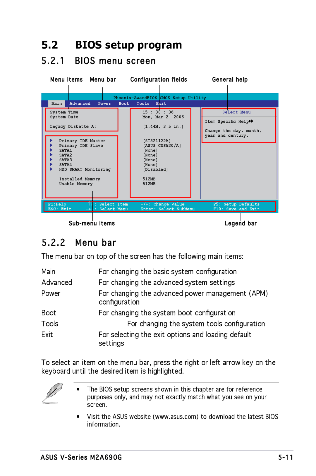 Asus M2A690G installation manual Bios setup program, Bios menu screen, Menu bar 