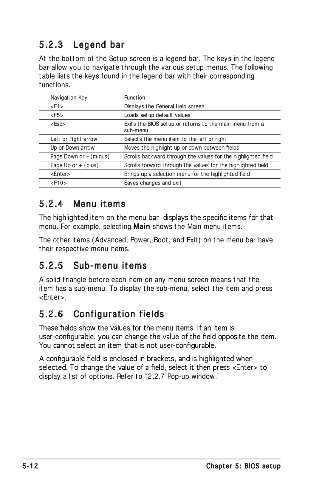 Asus M2A690G installation manual Menu items, Sub-menu items, Configuration fields 