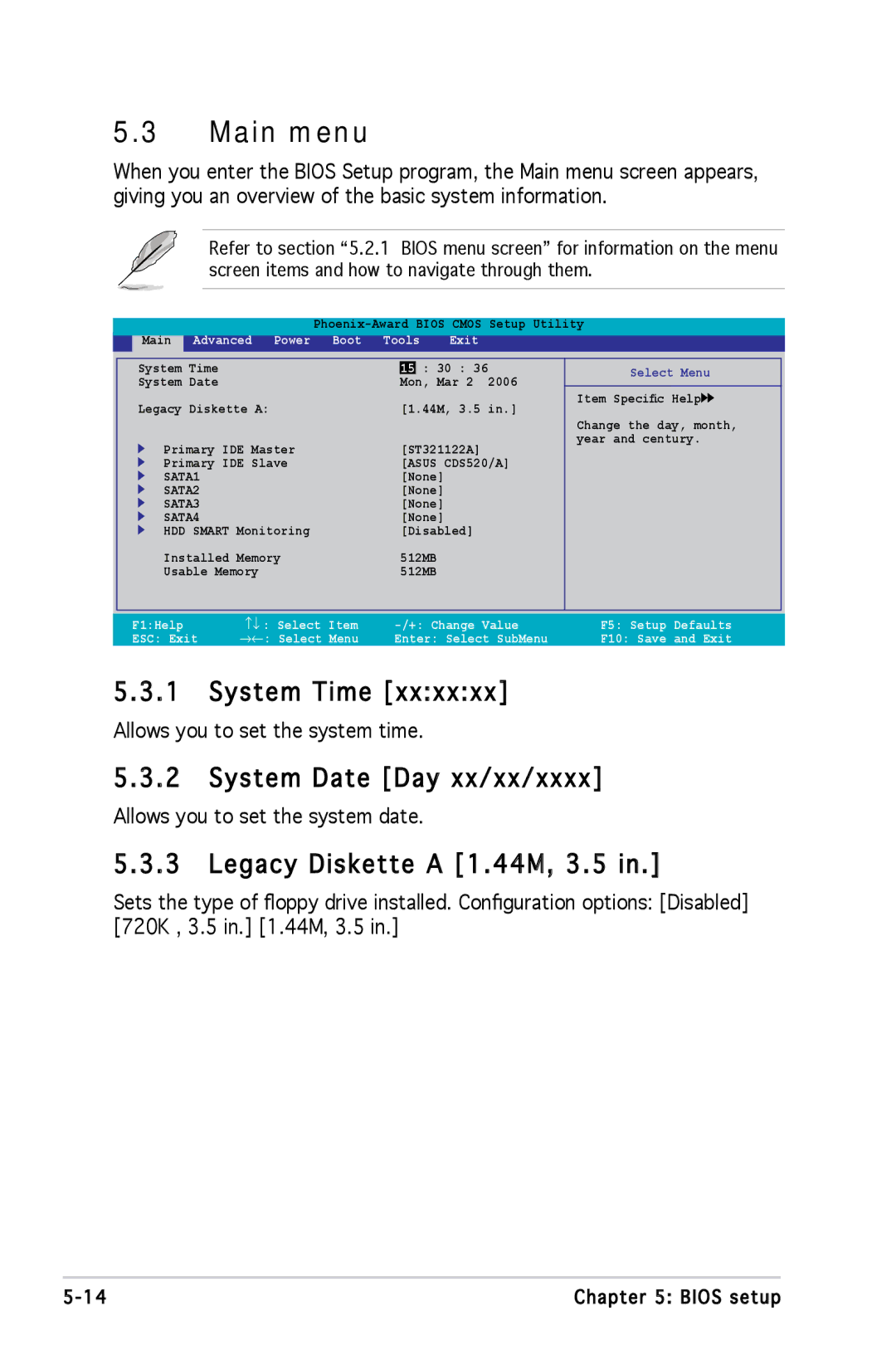 Asus M2A690G installation manual Main menu, System Time, System Date Day xx/xx/xxxx, Legacy Diskette a 1 .44M, 3.5 