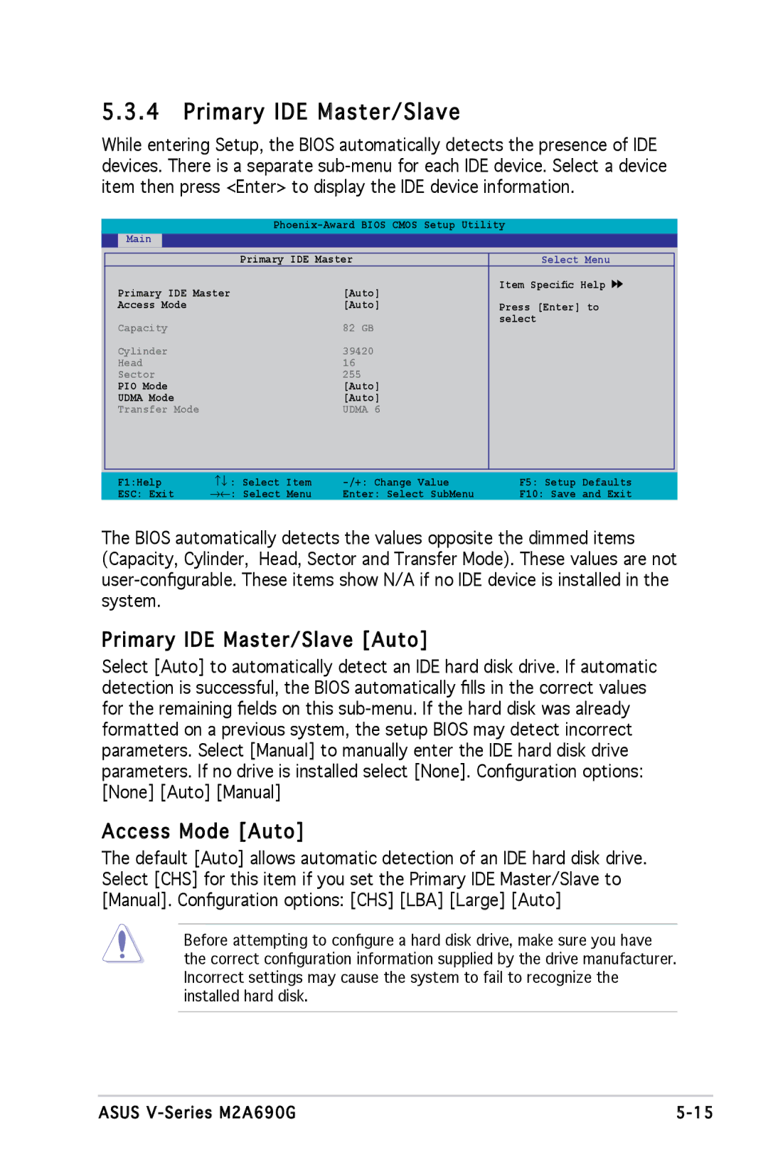 Asus M2A690G installation manual Primary IDE Master/Slave Auto, Access Mode Auto 