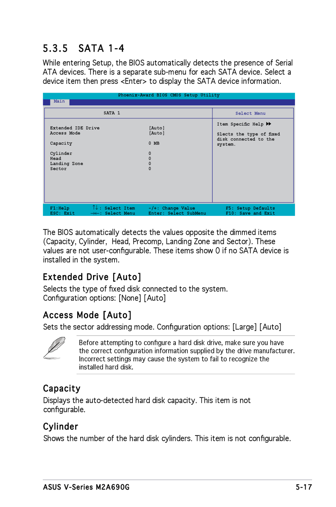 Asus M2A690G installation manual Sata, Extended Drive Auto 