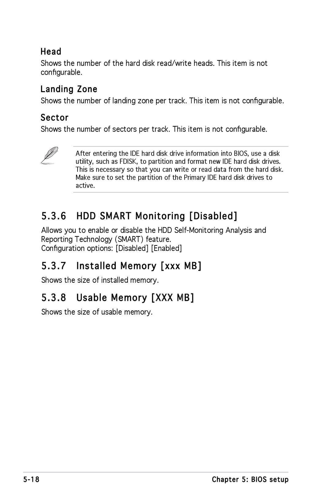 Asus M2A690G installation manual HDD Smart Monitoring Disabled, Installed Memory xxx MB, Usable Memory XXX MB, Landing Zone 