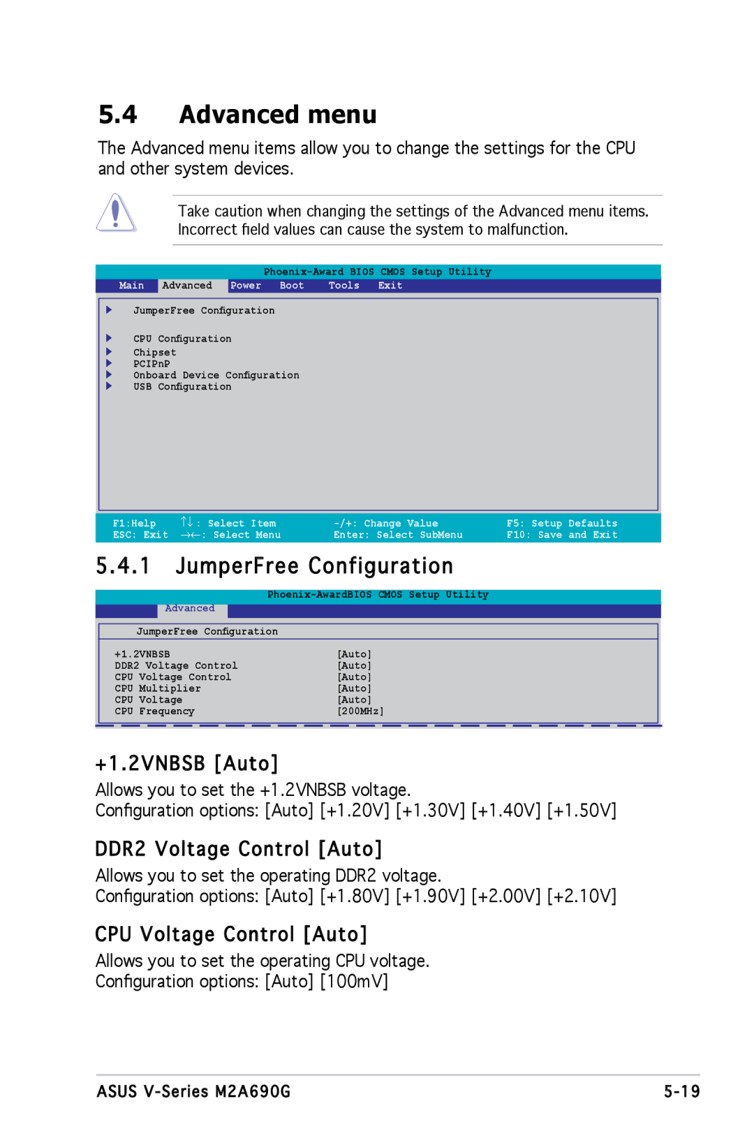 Asus M2A690G Advanced menu, JumperFree Configuration, +1.2VNBSB Auto, DDR2 Voltage Control Auto, CPU Voltage Control Auto 