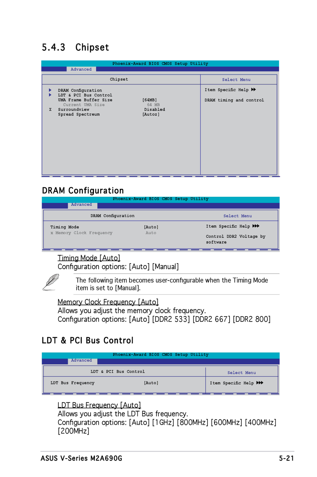 Asus M2A690G installation manual Chipset, Dram Configuration, LDT & PCI Bus Control 