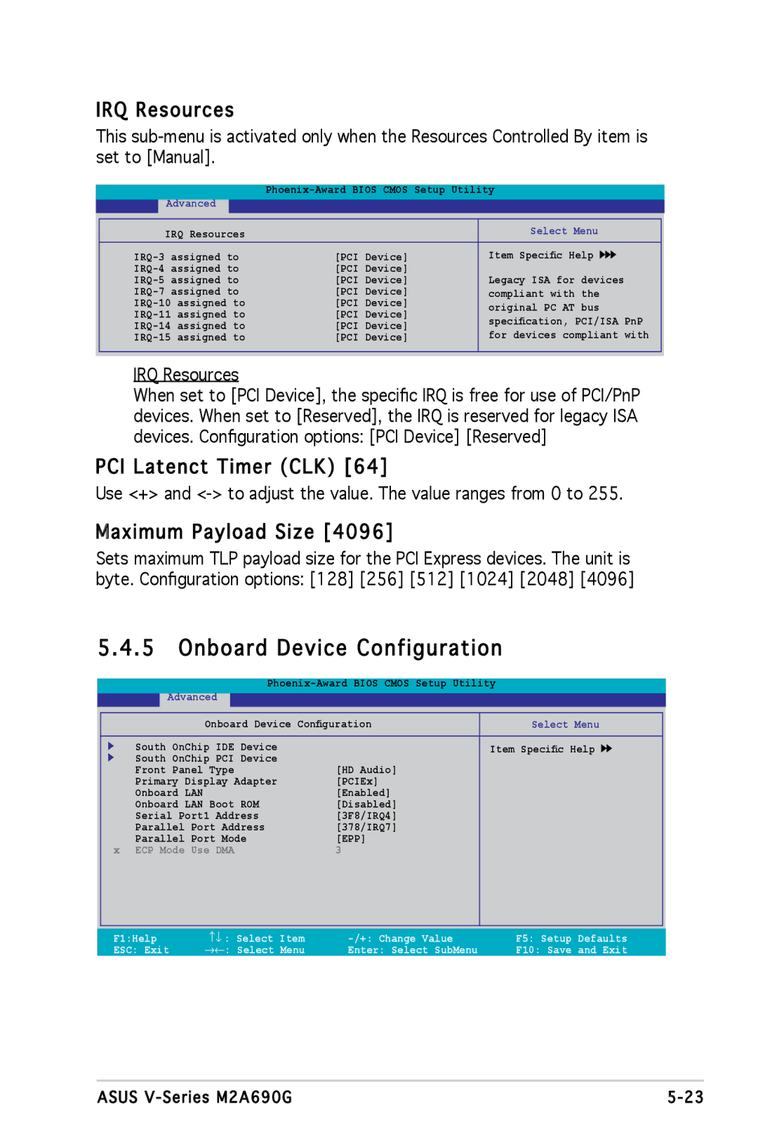 Asus M2A690G installation manual IRQ Resources, PCI Latenct Timer CLK, Maximum Payload Size 