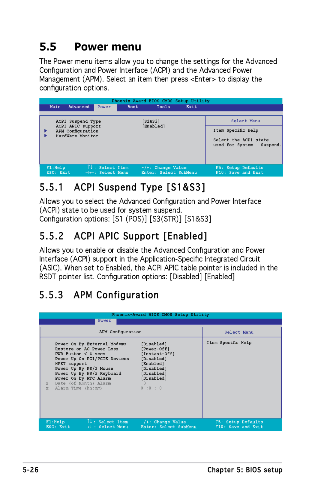 Asus M2A690G installation manual Power menu, Acpi Suspend Type S1&S3, Acpi Apic Support Enabled, APM Configuration 