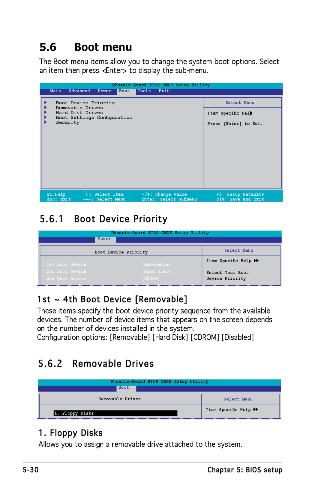 Asus M2A690G installation manual Boot menu, Removable Drives, 1st ~ 4th Boot Device Removable, Floppy Disks 